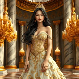 A stunningly beautiful princess in a luxurious, ornate gown, standing gracefully in a grand palace setting