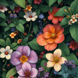 A close-up artistic illustration of dense foliage with a variety of flowers and plants, capturing the natural beauty and intricacy of the scene