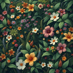 A close-up artistic illustration of dense foliage with a variety of flowers and plants, capturing the natural beauty and intricacy of the scene