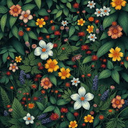 A close-up artistic illustration of dense foliage with a variety of flowers and plants, capturing the natural beauty and intricacy of the scene