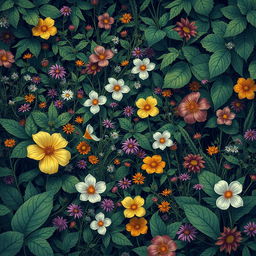 A close-up artistic illustration of dense foliage with a variety of flowers and plants, capturing the natural beauty and intricacy of the scene