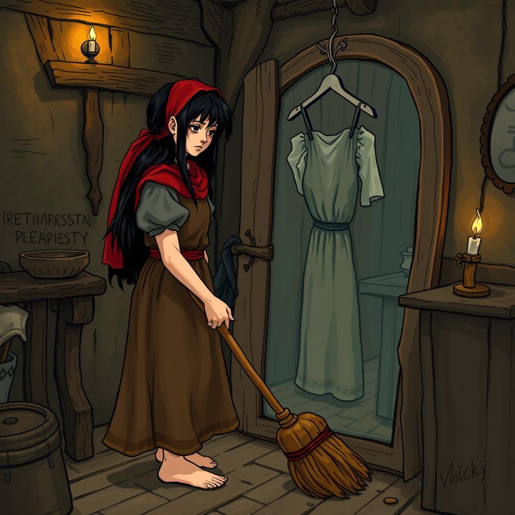 A 20-year-old young maid cleaning her mistress's room with a broom, gazing sadly at her dirty dress in the mirror