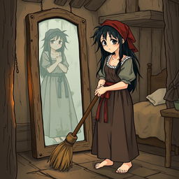 A 20-year-old young maid cleaning her mistress's room with a broom, gazing sadly at her dirty dress in the mirror