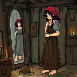 A 20-year-old young maid cleaning her mistress's room with a broom, gazing sadly at her dirty dress in the mirror