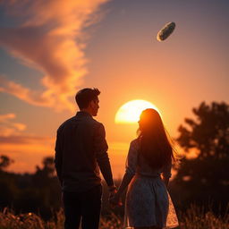 A young man around 18 years old holding hands with a mature woman approximately 26 years old, gazing towards a half-set sun with an asteroid passing by in the sky