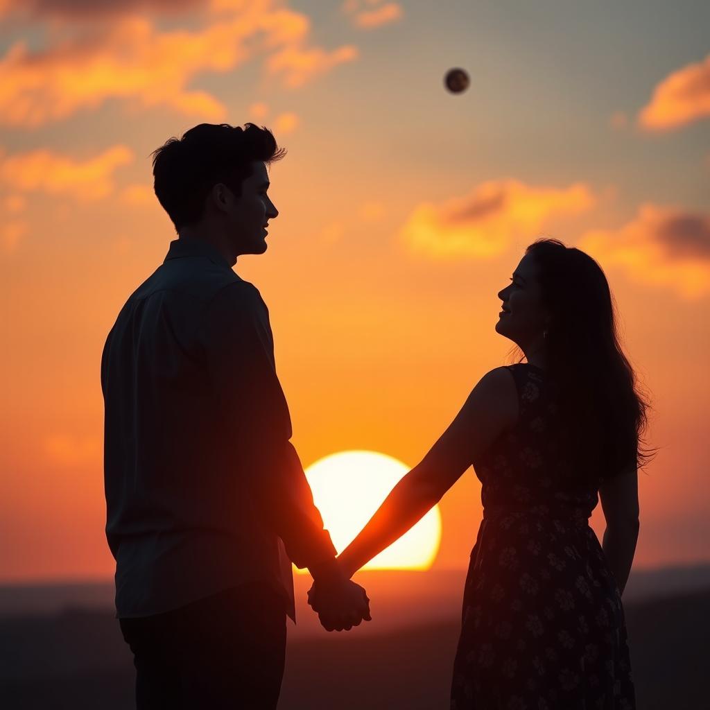 A young man around 18 years old holding hands with a mature woman approximately 26 years old, gazing towards a half-set sun with an asteroid passing by in the sky