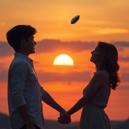 A young man around 18 years old holding hands with a mature woman approximately 26 years old, gazing towards a half-set sun with an asteroid passing by in the sky