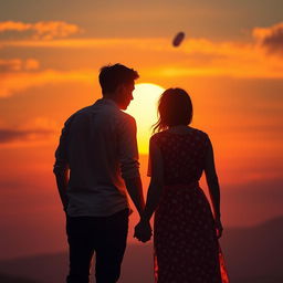 A young man around 18 years old holding hands with a mature woman approximately 26 years old, gazing towards a half-set sun with an asteroid passing by in the sky