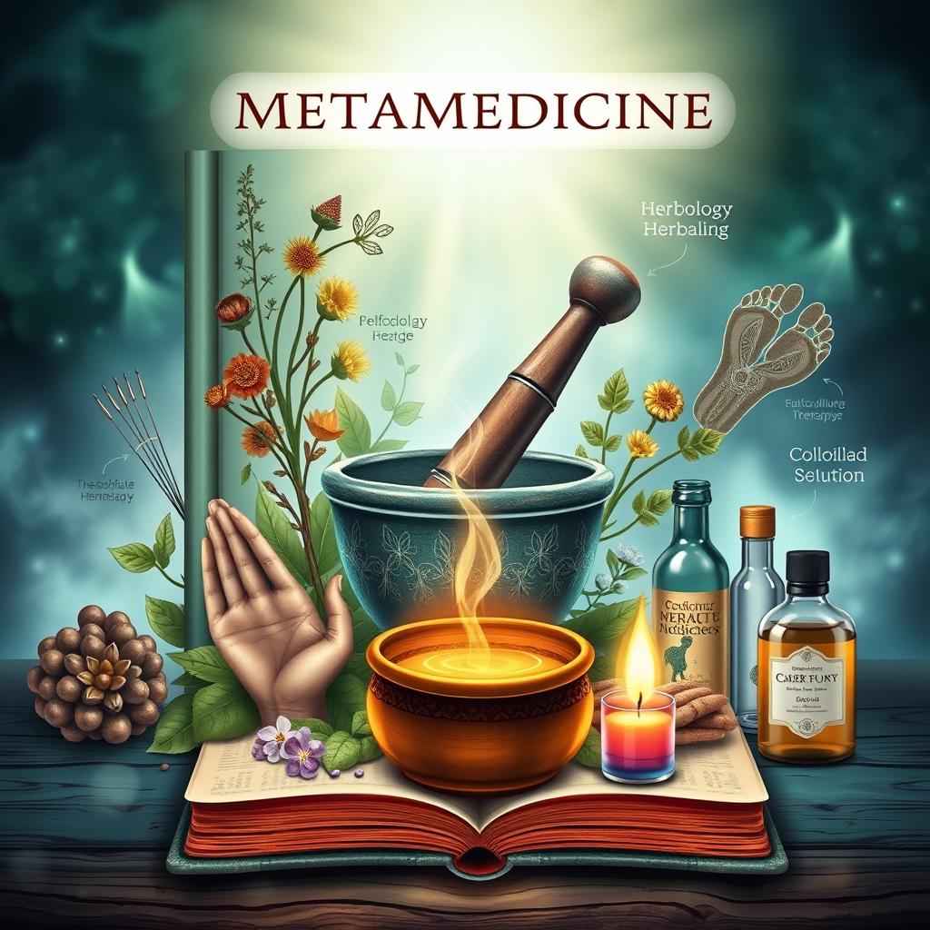 A detailed book cover art representing metamedicine and alternative medicine, featuring herbs and a mortar and pestle to symbolize herbalism, reflexology foot diagrams, acupuncture needles, colloidal solution bottles, and a depiction of light therapy with warm light