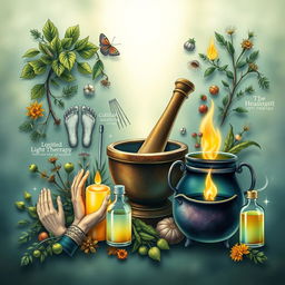 A detailed book cover art representing metamedicine and alternative medicine, featuring herbs and a mortar and pestle to symbolize herbalism, reflexology foot diagrams, acupuncture needles, colloidal solution bottles, and a depiction of light therapy with warm light