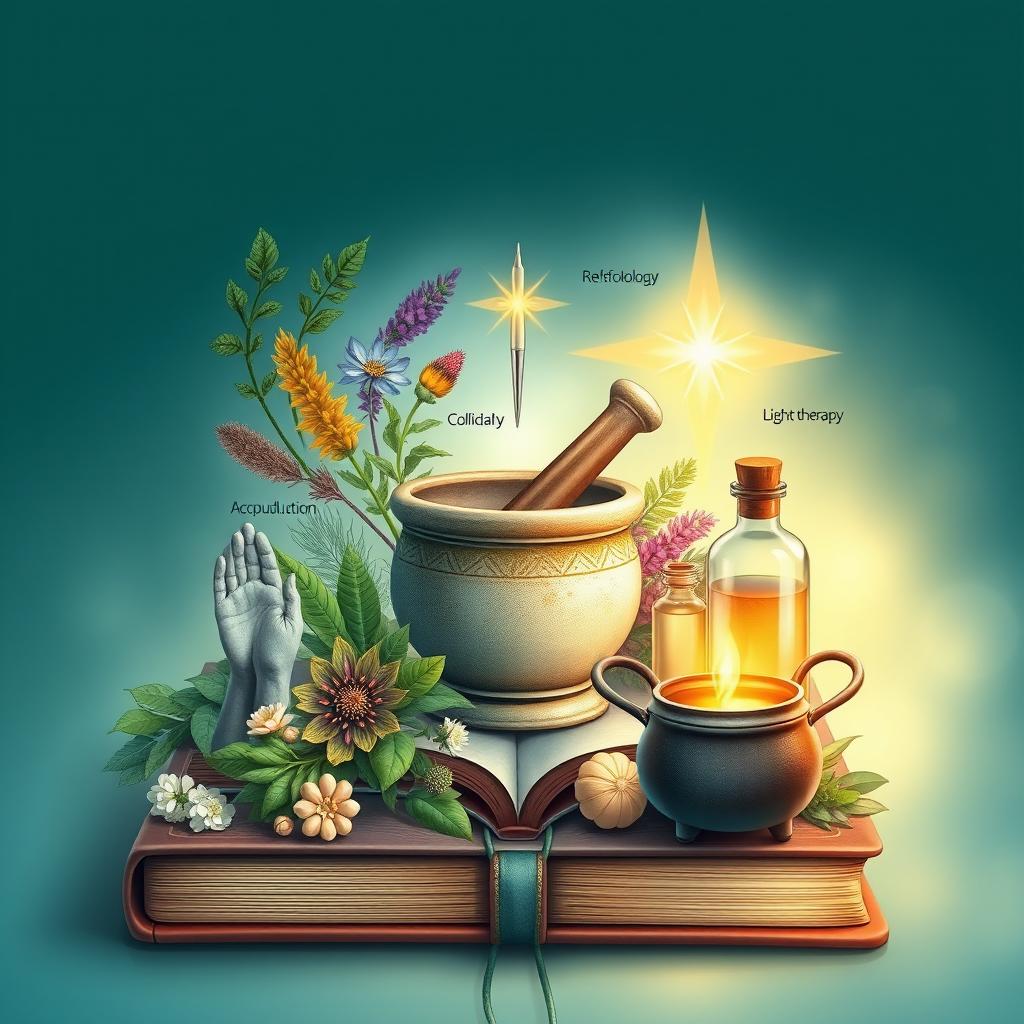 A detailed book cover art representing metamedicine and alternative medicine, featuring herbs and a mortar and pestle to symbolize herbalism, reflexology foot diagrams, acupuncture needles, colloidal solution bottles, and a depiction of light therapy with warm light