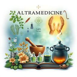 A detailed book cover art representing metamedicine and alternative medicine, featuring herbs and a mortar and pestle to symbolize herbalism, reflexology foot diagrams, acupuncture needles, colloidal solution bottles, and a depiction of light therapy with warm light