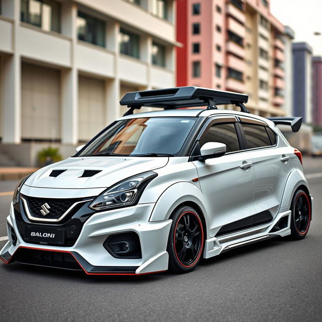 A 2023 Indian Maruti Suzuki Baleno customized with an aggressive style, featuring a roof scoop for enhanced aerodynamics