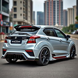 A 2023 Indian Maruti Suzuki Baleno customized with an aggressive style, featuring a roof scoop for enhanced aerodynamics