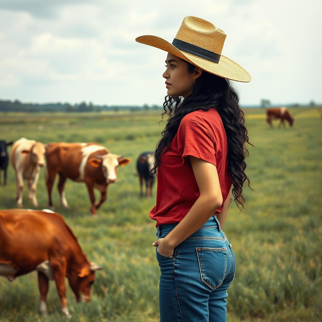 A 20-year-old woman from the Old West watching cows graze in a field