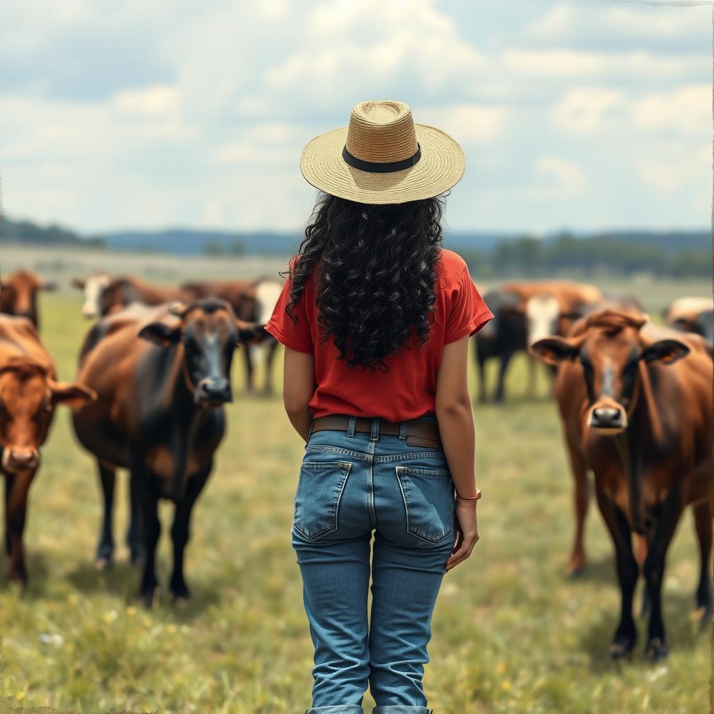 A 20-year-old woman from the Old West watching cows graze in a field