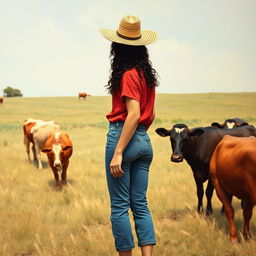 A 20-year-old woman from the Old West watching cows graze in a field