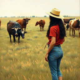 A 20-year-old woman from the Old West watching cows graze in a field