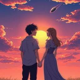 In an anime fantasy style, a young man appearing around 18 years old holds hands with a mature woman approximately 26 years old, both gazing towards a half-set sun with an asteroid elegantly passing by in the sky