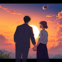 In an anime fantasy style, a young man appearing around 18 years old holds hands with a mature woman approximately 26 years old, both gazing towards a half-set sun with an asteroid elegantly passing by in the sky