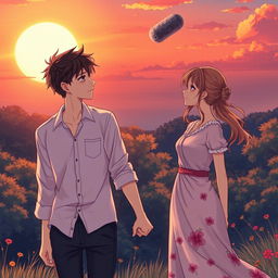 In an anime fantasy style, a young man appearing around 18 years old holds hands with a mature woman approximately 26 years old, both gazing towards a half-set sun with an asteroid elegantly passing by in the sky