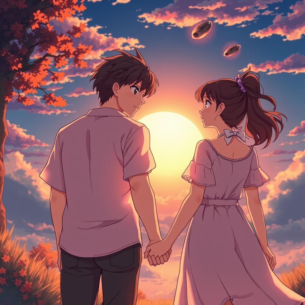 In an anime fantasy style, a young man appearing around 18 years old holds hands with a mature woman approximately 26 years old, both gazing towards a half-set sun with an asteroid elegantly passing by in the sky