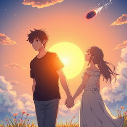 In an anime fantasy style, a young man appearing around 18 years old holds hands with a mature woman approximately 26 years old, both gazing towards a half-set sun with an asteroid trailing a sparkling tail as it passes by in the sky