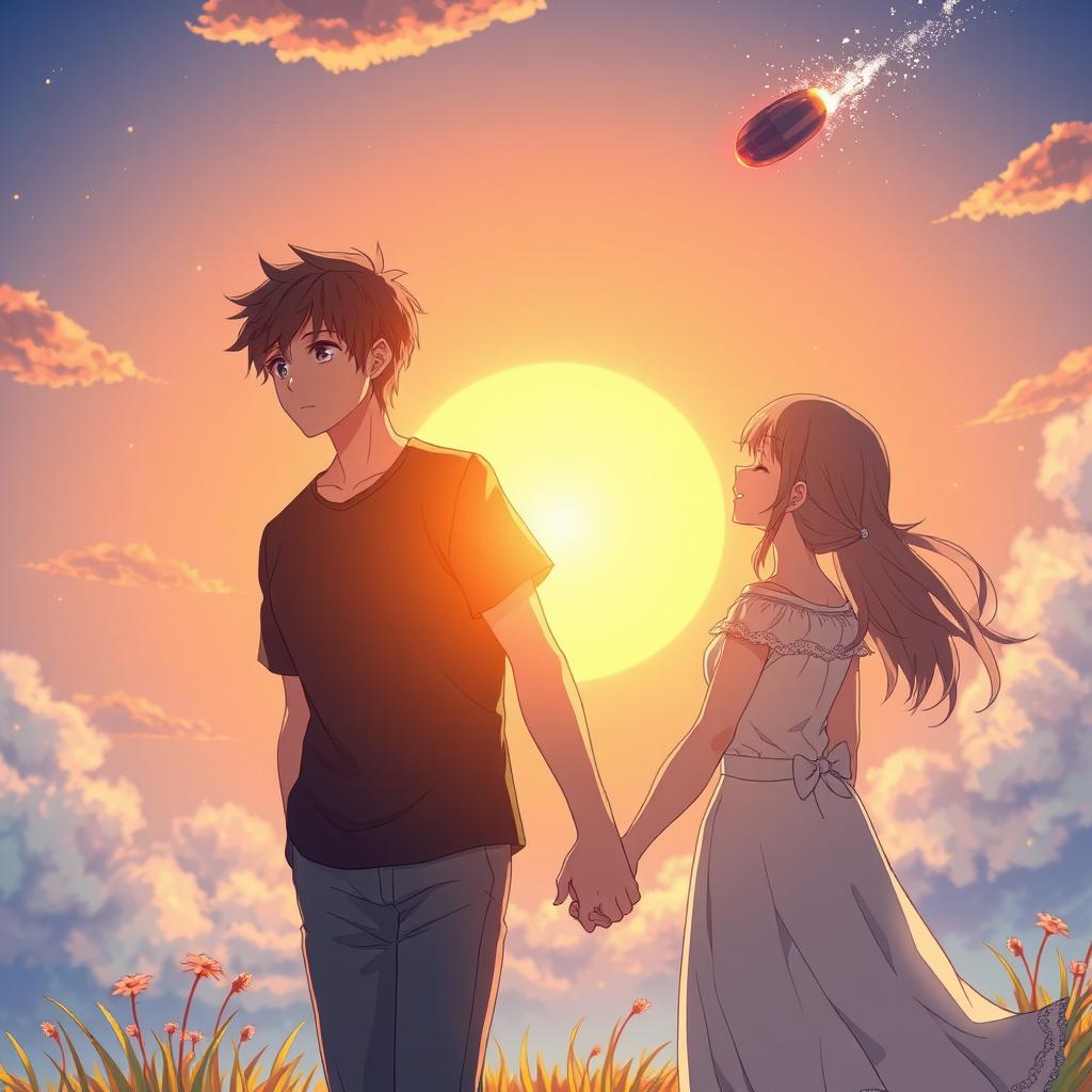 In an anime fantasy style, a young man appearing around 18 years old holds hands with a mature woman approximately 26 years old, both gazing towards a half-set sun with an asteroid trailing a sparkling tail as it passes by in the sky