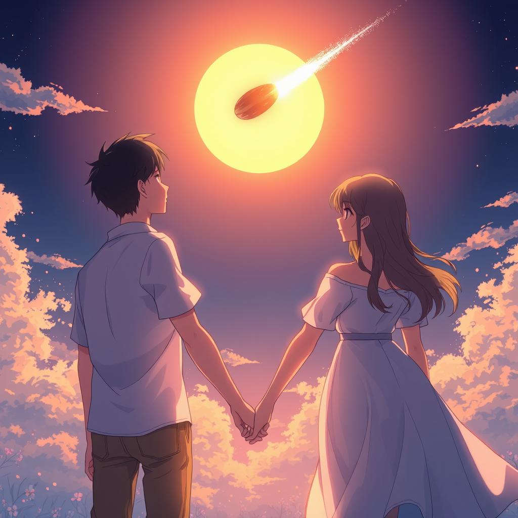 In an anime fantasy style, a young man appearing around 18 years old holds hands with a mature woman approximately 26 years old, both gazing towards a half-set sun with an asteroid trailing a sparkling tail as it passes by in the sky