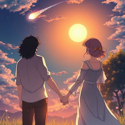 In an anime fantasy style, a young man appearing around 18 years old holds hands with a mature woman approximately 26 years old, both gazing towards a half-set sun with an asteroid trailing a sparkling tail as it passes by in the sky