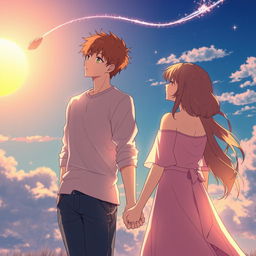 In an anime fantasy style, a young man appearing around 18 years old holds hands with a mature woman approximately 26 years old, both gazing towards a half-set sun with an asteroid trailing a sparkling tail as it passes by in the sky