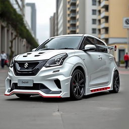 2023 Suzuki Baleno in white color, modified with a prominent road scoop on the hood, a sleek rear wing spoiler, and extra wide body kit