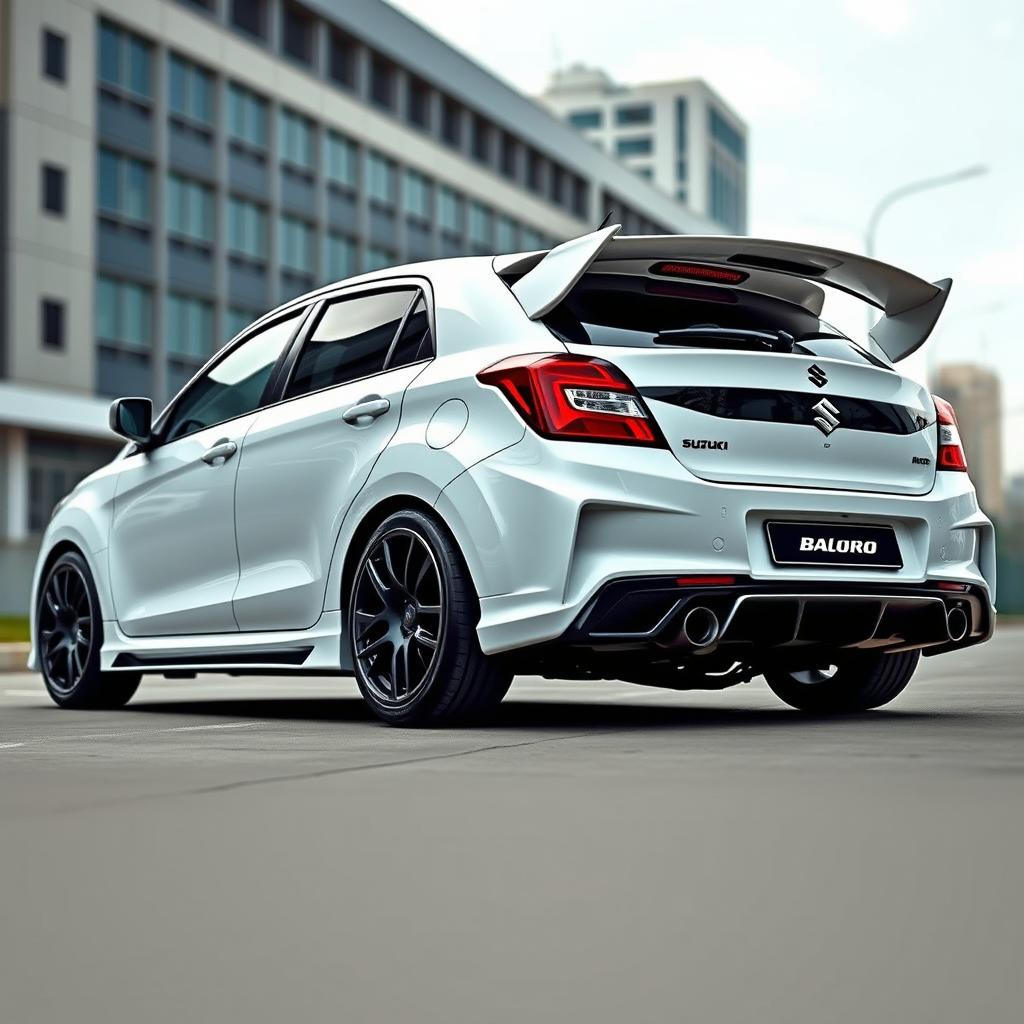 2023 Suzuki Baleno in white color, modified with a prominent road scoop on the hood, a sleek rear wing spoiler, and extra wide body kit