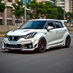 2023 Suzuki Baleno in white color, modified with a prominent road scoop on the hood, a sleek rear wing spoiler, and extra wide body kit