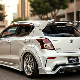 2023 Suzuki Baleno in white color, modified with a prominent road scoop on the hood, a sleek rear wing spoiler, and extra wide body kit