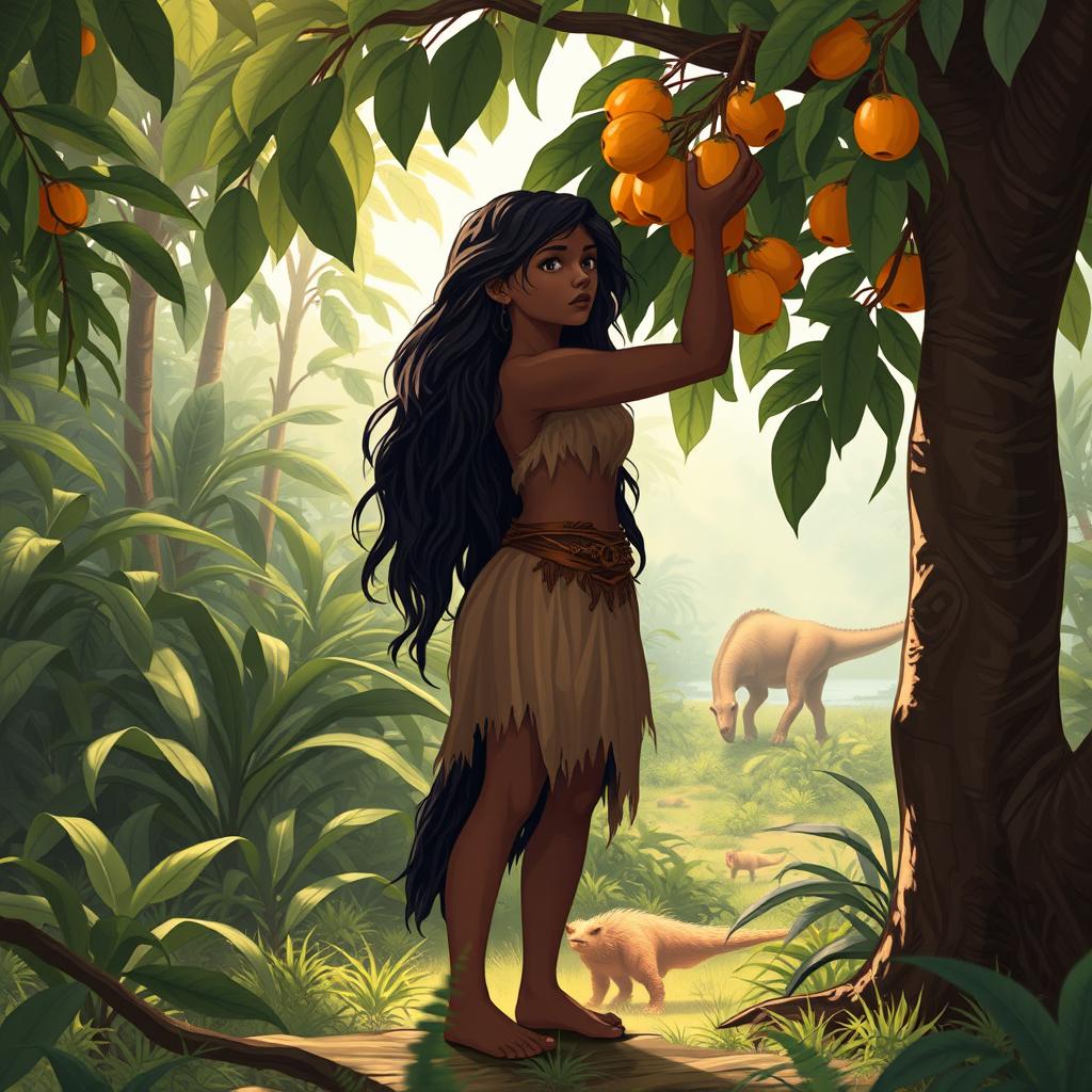 An 18-year-old beautiful prehistoric girl picking fruits from a tree in the jungle