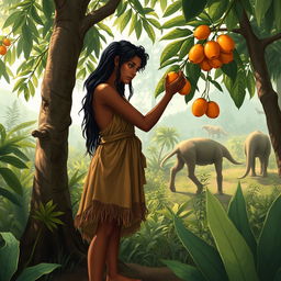 An 18-year-old beautiful prehistoric girl picking fruits from a tree in the jungle