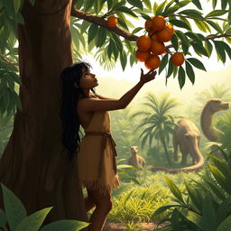 An 18-year-old beautiful prehistoric girl picking fruits from a tree in the jungle