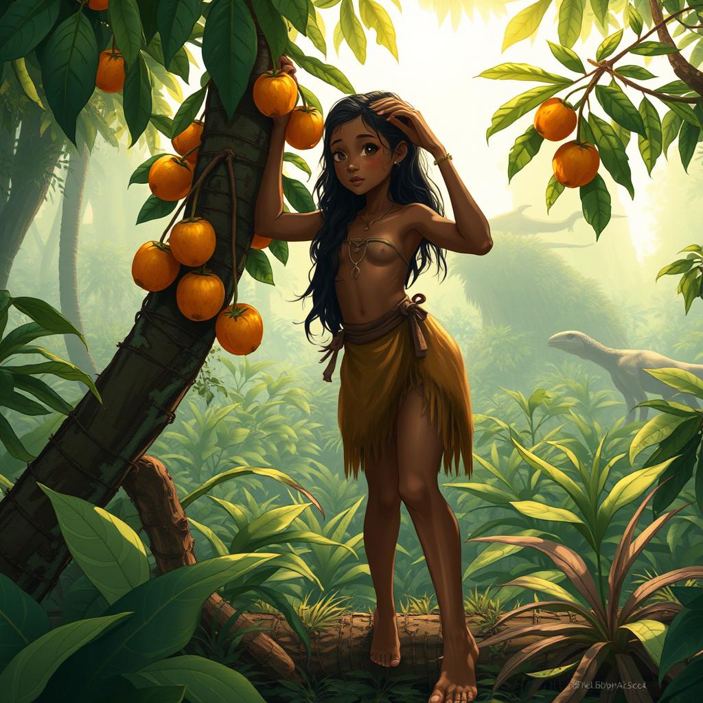 An 18-year-old beautiful prehistoric girl picking fruits from a tree in the jungle