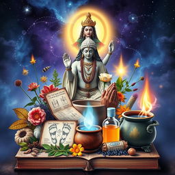 A detailed book cover art with a touch of cosmic elements and deity representation, focusing on metamedicine and alternative medicine