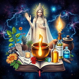 A detailed book cover art with a touch of cosmic elements and deity representation, focusing on metamedicine and alternative medicine