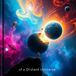 A cosmic scene featuring vibrant nebulae with swirling colors, a cracked planet emitting dynamic energy waves, and a lone astronaut floating in the foreground, adding a mysterious and expansive feel to the scene