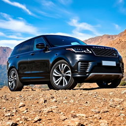 A sleek and polished Range Rover parked on rugged terrain