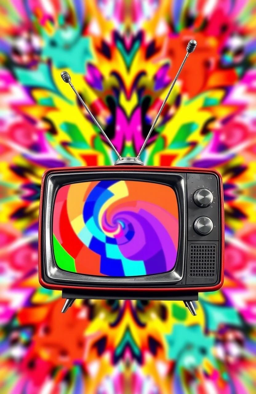 A colorful and vibrant abstract representation of a classic television set from the 1960s, with exaggerated antennae and large dials