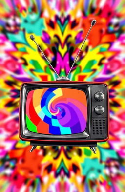 A colorful and vibrant abstract representation of a classic television set from the 1960s, with exaggerated antennae and large dials