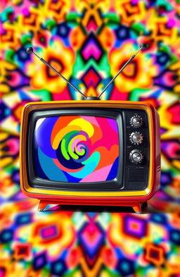 A colorful and vibrant abstract representation of a classic television set from the 1960s, with exaggerated antennae and large dials