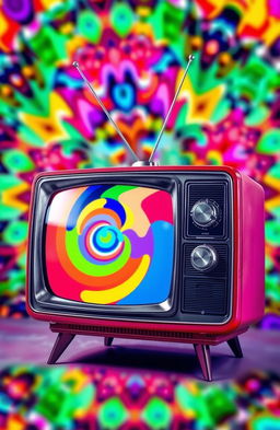 A colorful and vibrant abstract representation of a classic television set from the 1960s, with exaggerated antennae and large dials