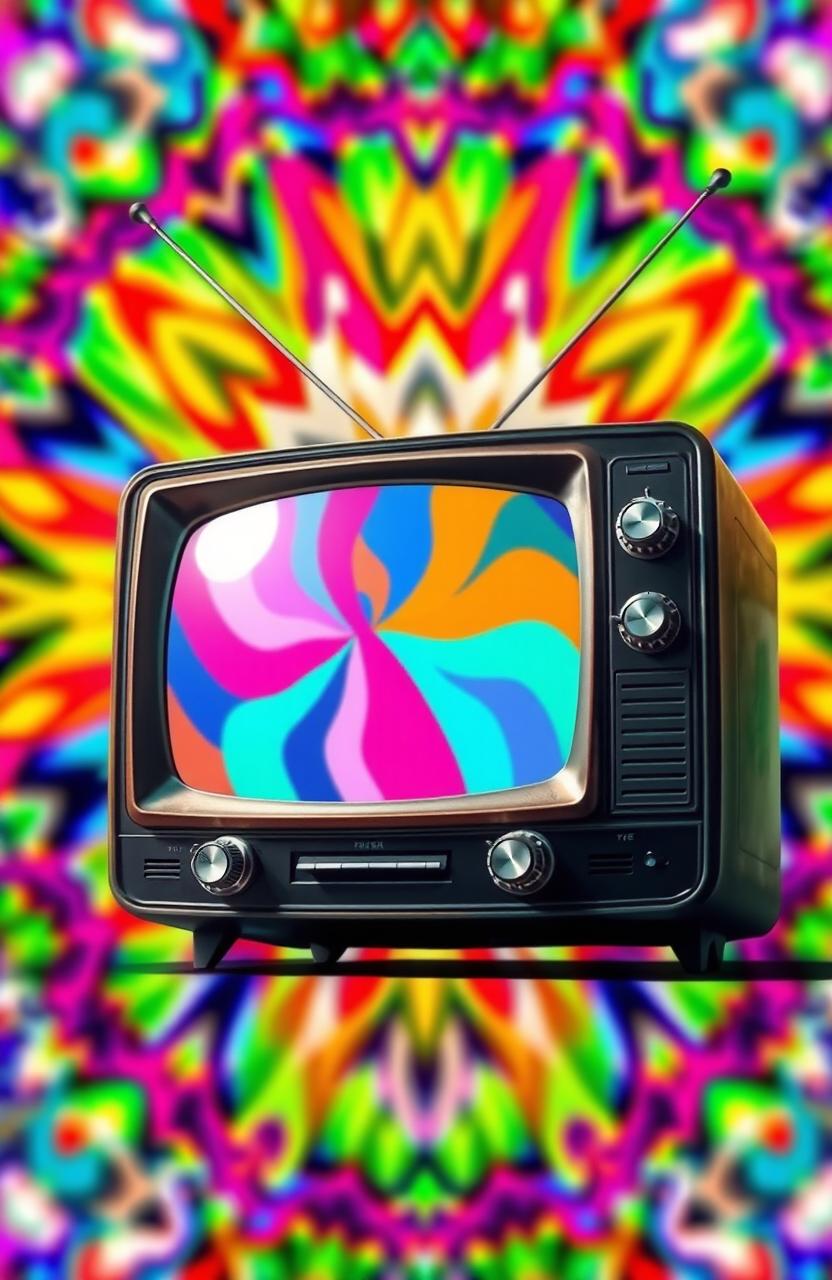 A colorful and vibrant abstract representation of a classic television set from the 1960s, with exaggerated antennae and large dials