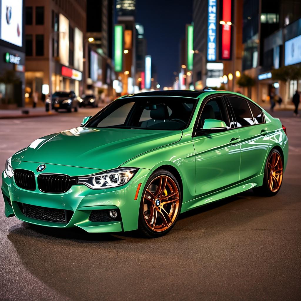 A BMW 320i showcased with a vibrant green moonlight color, enhancing its sleek and modern design