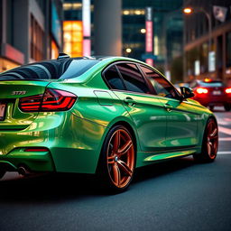 A BMW 320i showcased with a vibrant green moonlight color, enhancing its sleek and modern design